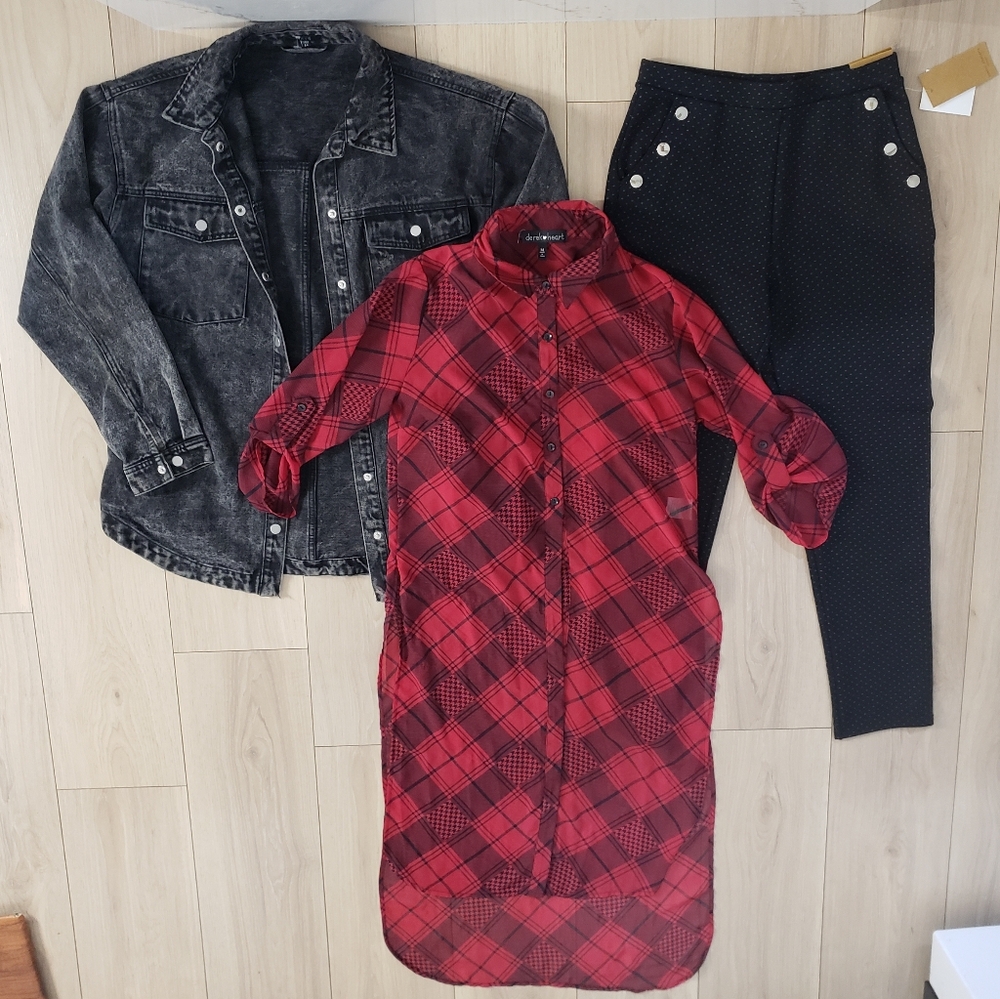 Womens Clothing Bundle M Jean Jacket Plaid Shirtdress High Rise Pants 3 Pc Set